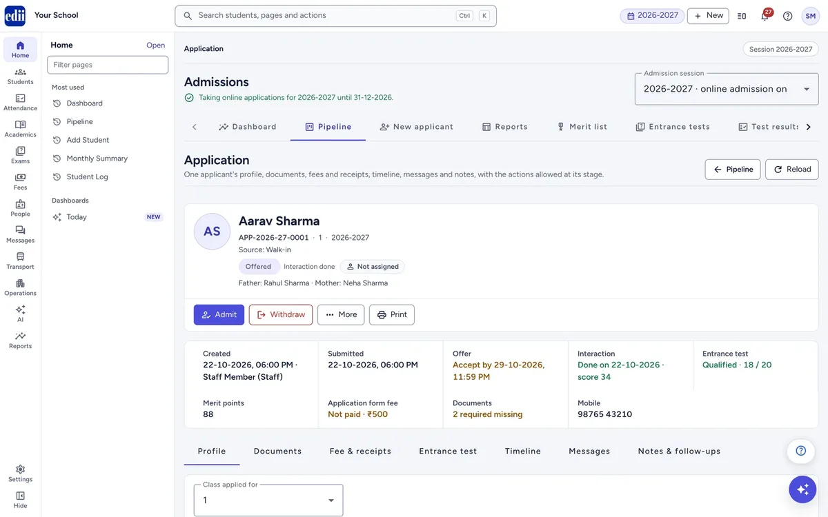 An application with a seat offered and the Admit button