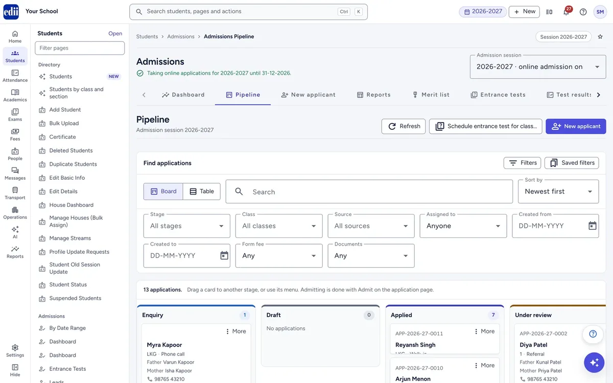 EDII Admissions pipeline: every application as a card in a column by stage