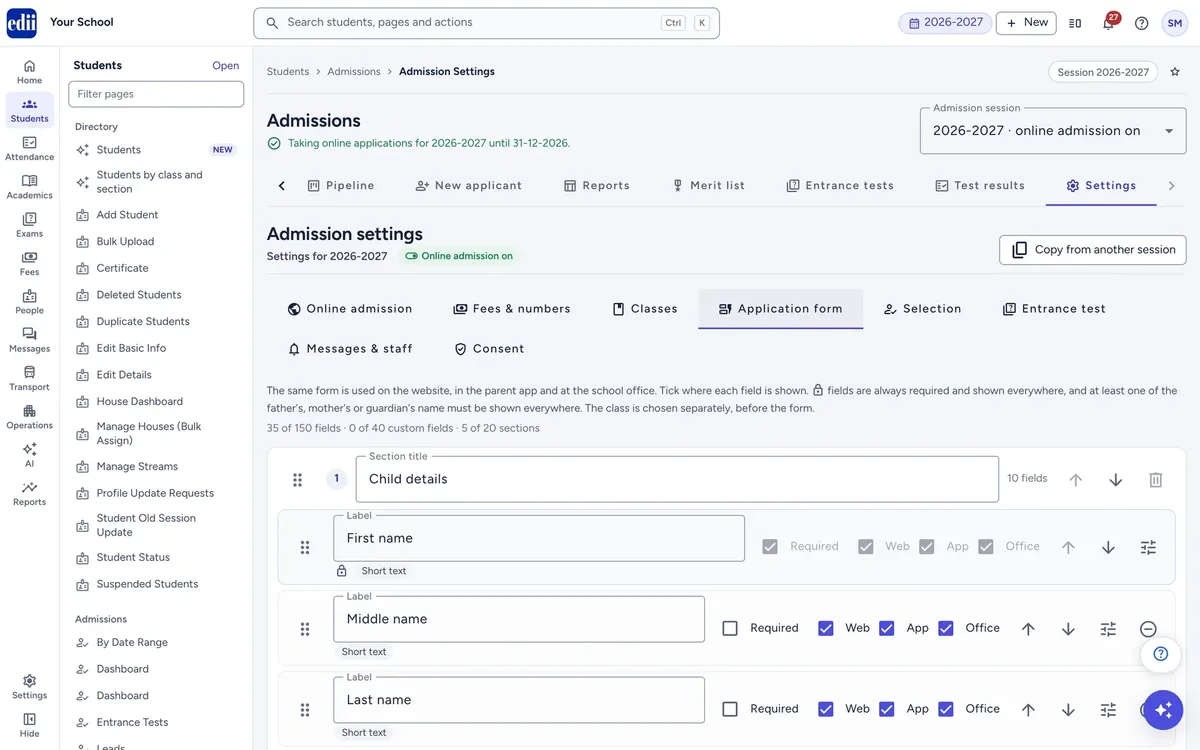 EDII Admissions settings: the application form arranged section by section