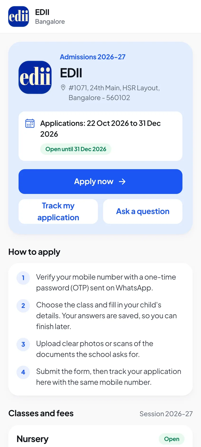 A school's admission page on a phone: classes open, dates and Apply now