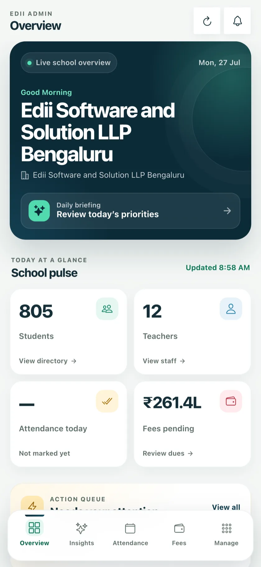EDII Admin app — the principal's live school overview