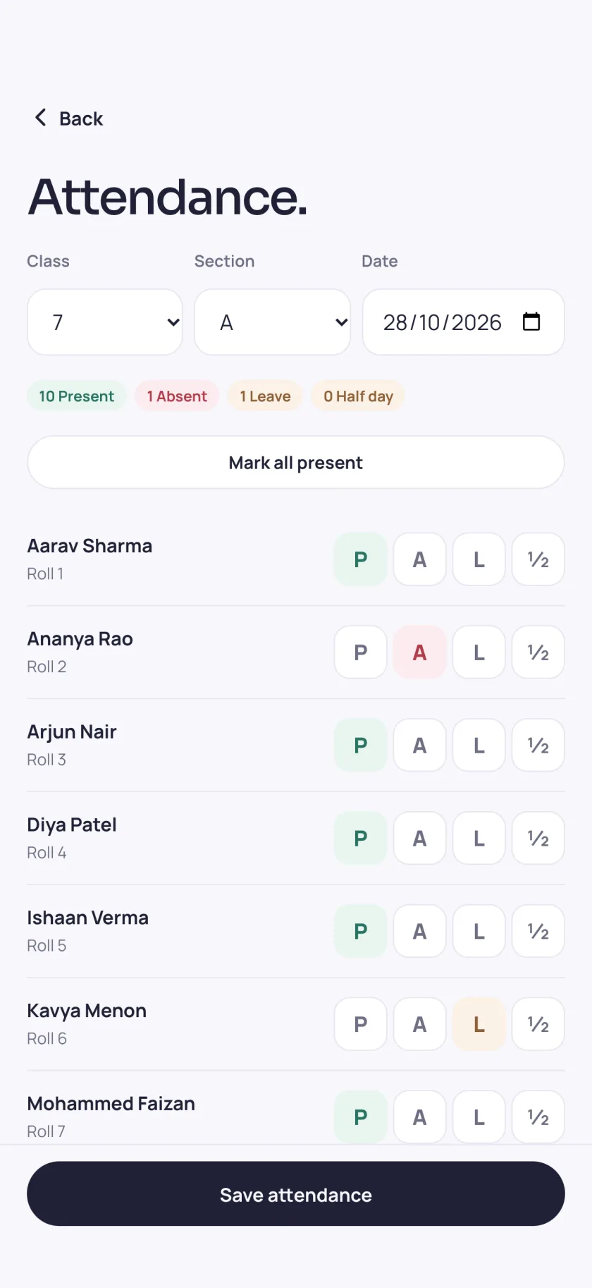 Attendance register for class 7 A with present, absent, leave and half-day buttons