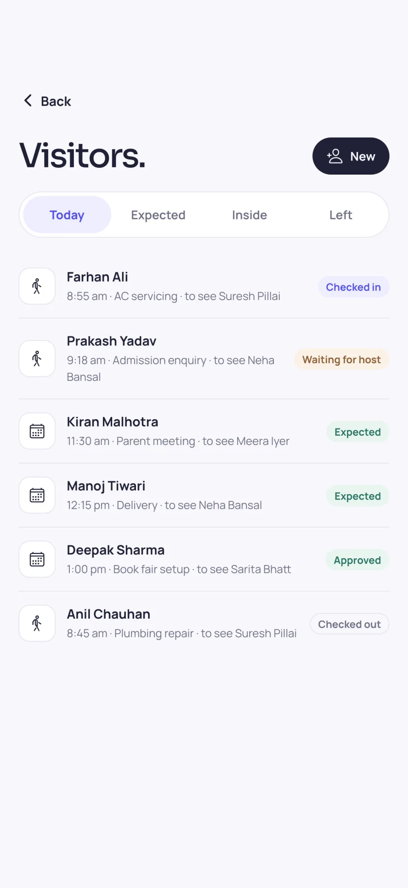 Visitors list for today: checked in, waiting for host, expected, approved and checked out