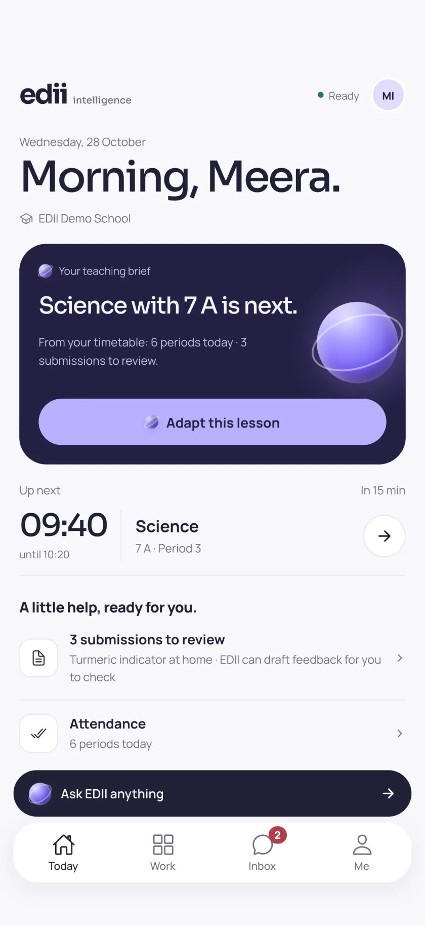 Teacher Today screen: the next class, submissions to review and attendance to take