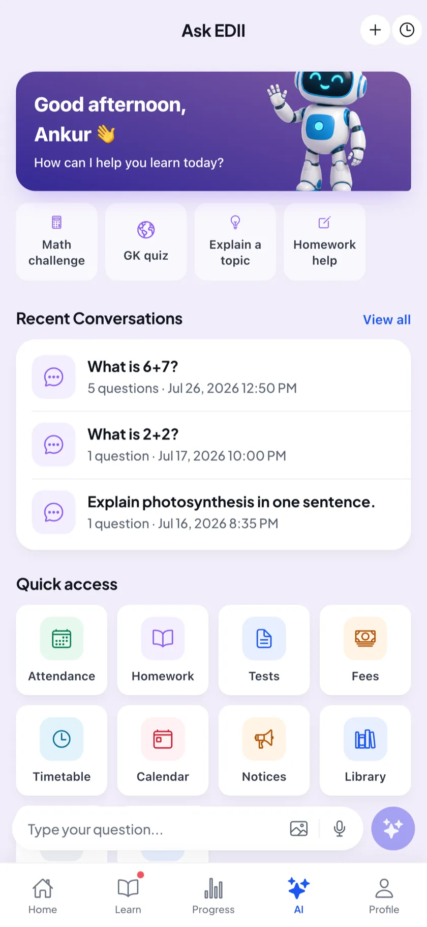 Ask EDII — the student AI chat answering a question