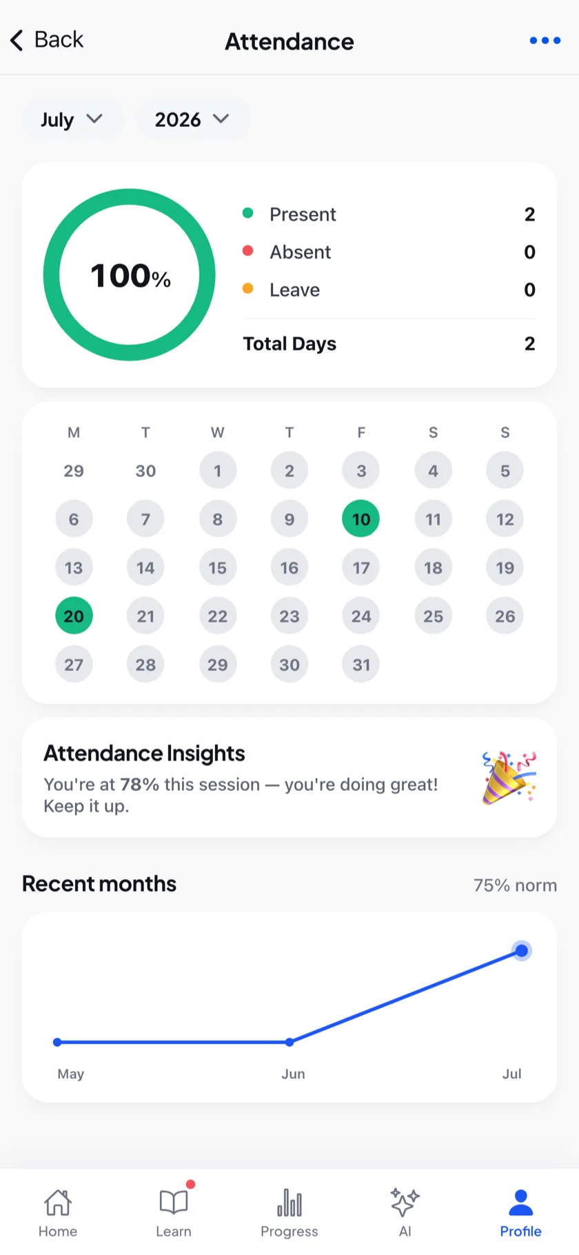 Attendance screen with monthly chart
