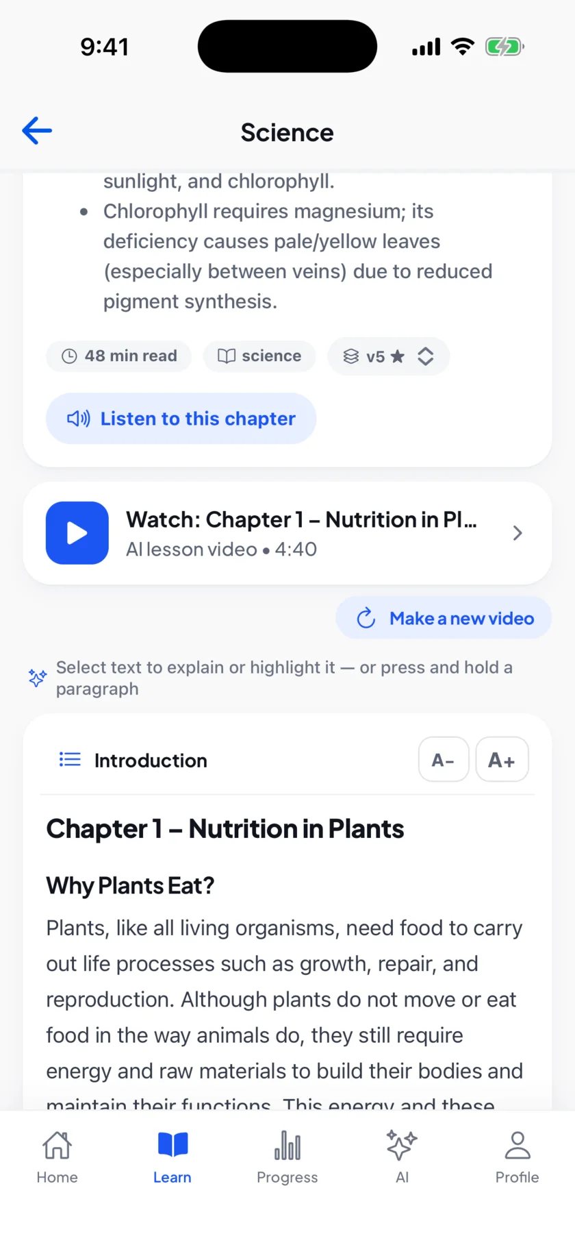 Science chapter with an AI lesson video card and Listen button