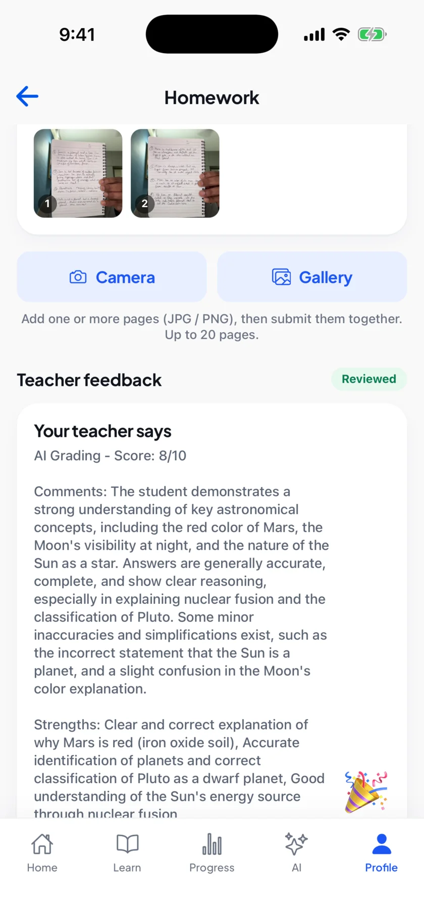 Homework submitted as photos with AI grading feedback, score 8 out of 10