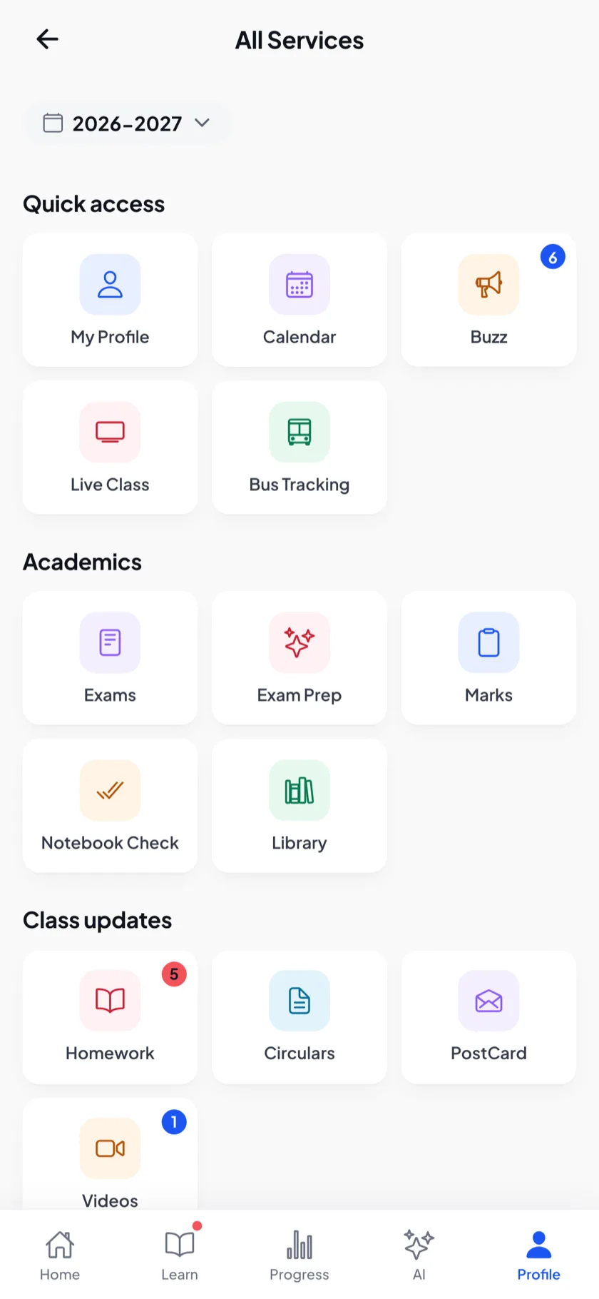 All services grid in the student app