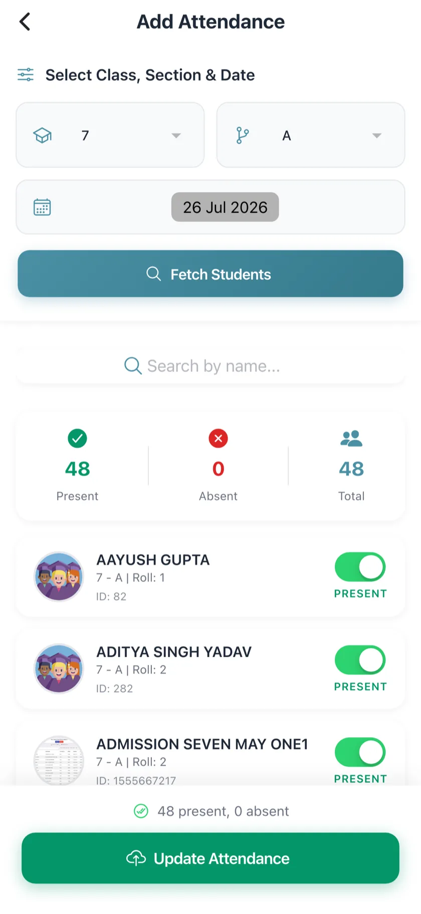 Attendance register with the full class list