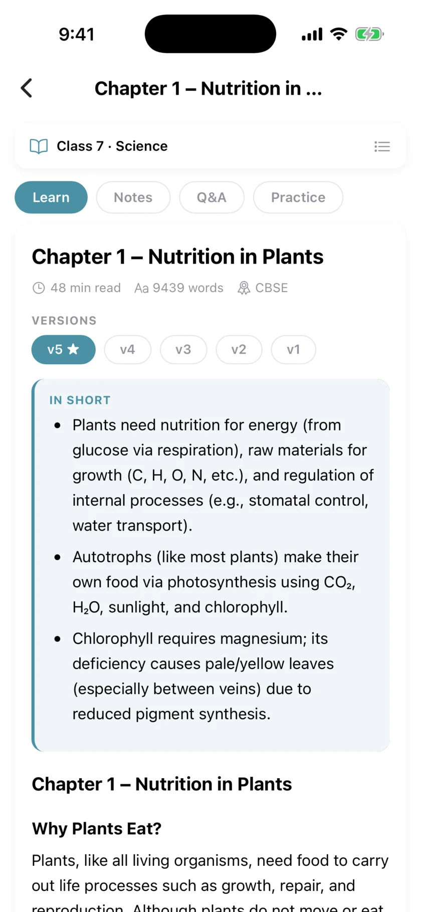 Chapter Library reader with versions and an In Short summary