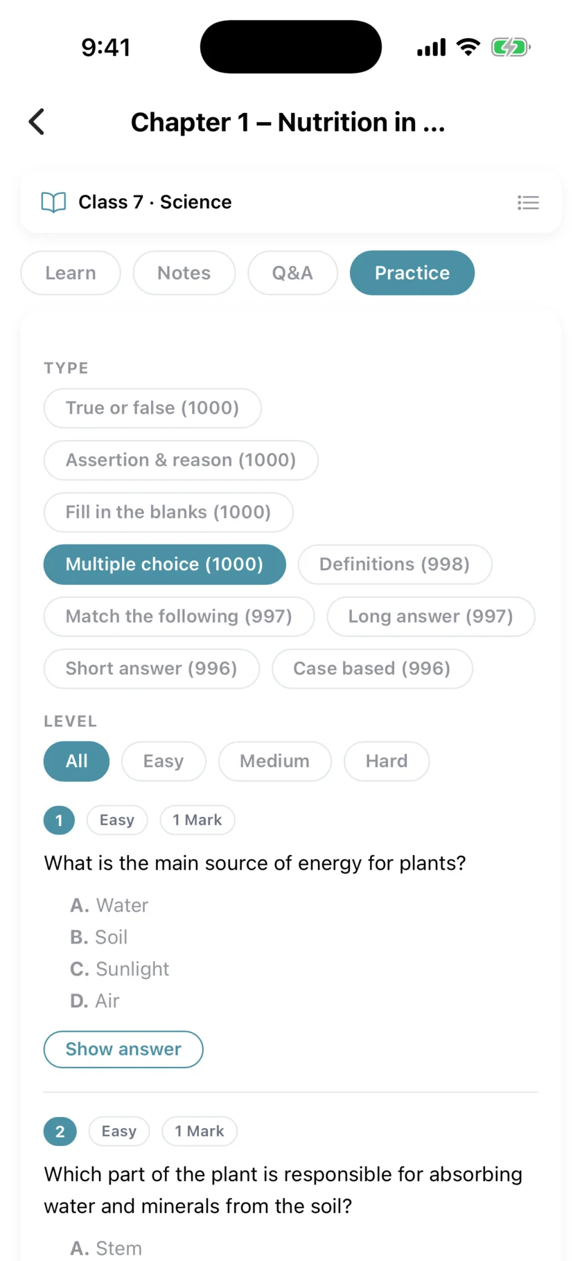 Chapter practice bank with about a thousand questions per type
