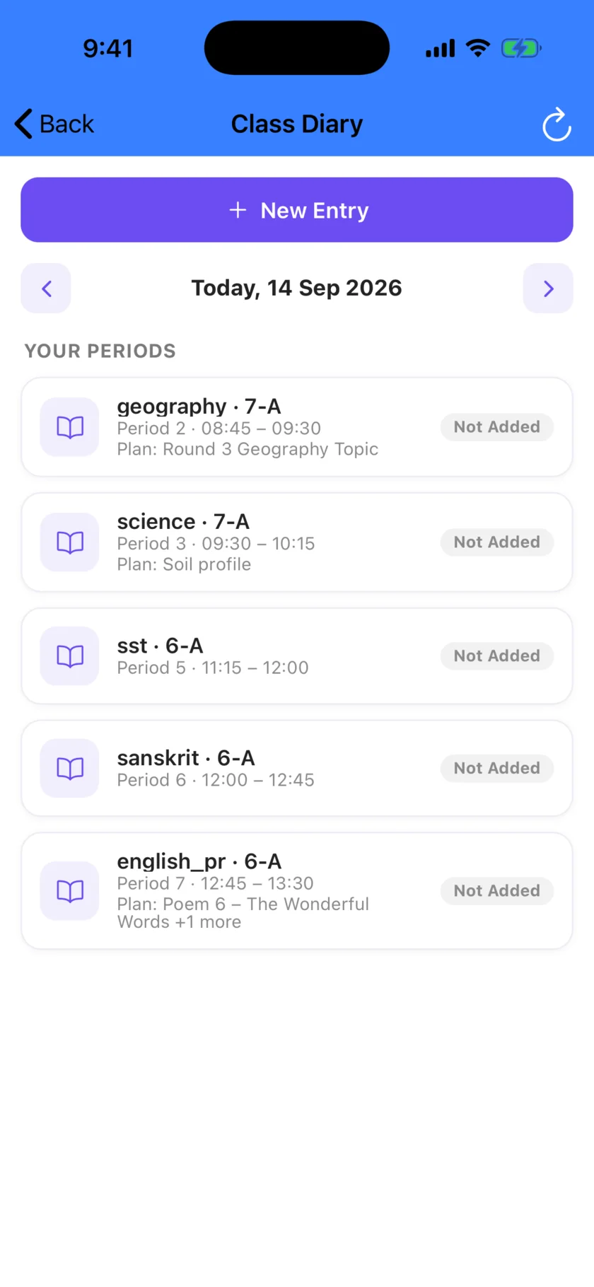 Class diary listing today's periods with plan hints