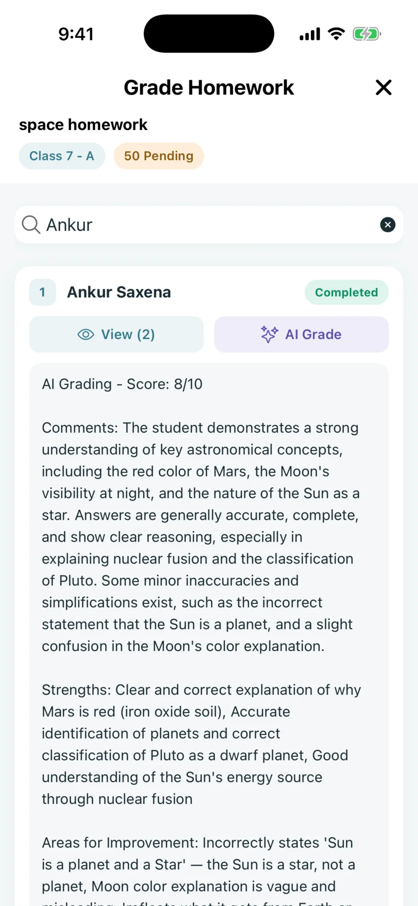 Grade homework screen with an AI-graded submission scoring 8 out of 10