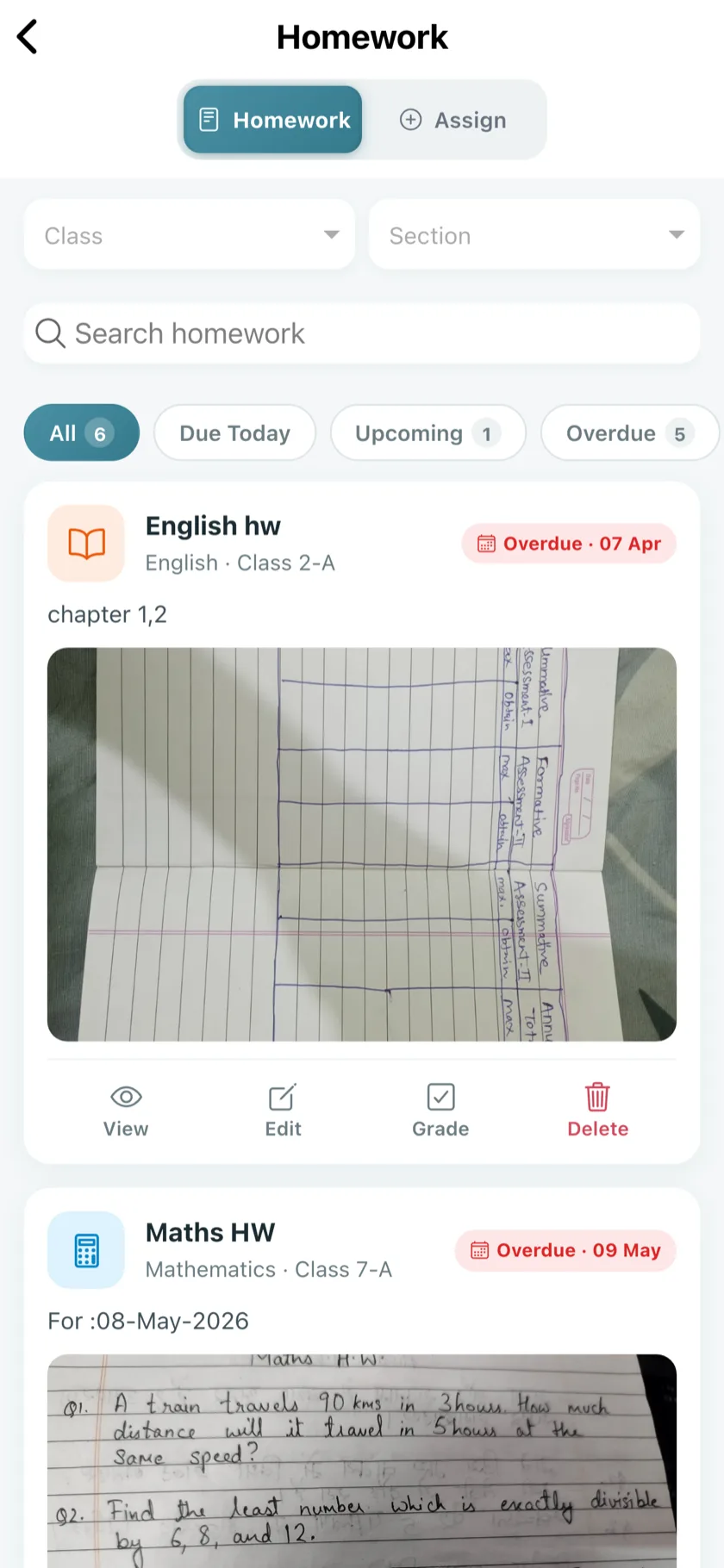 Homework list in the teacher app