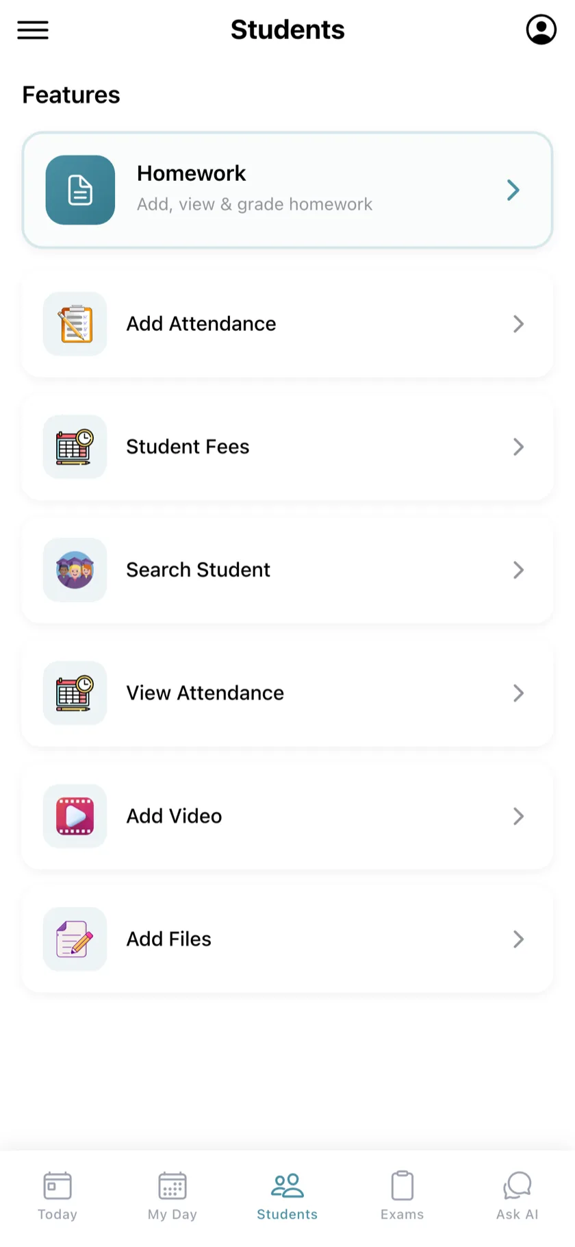 Student list in the teacher app
