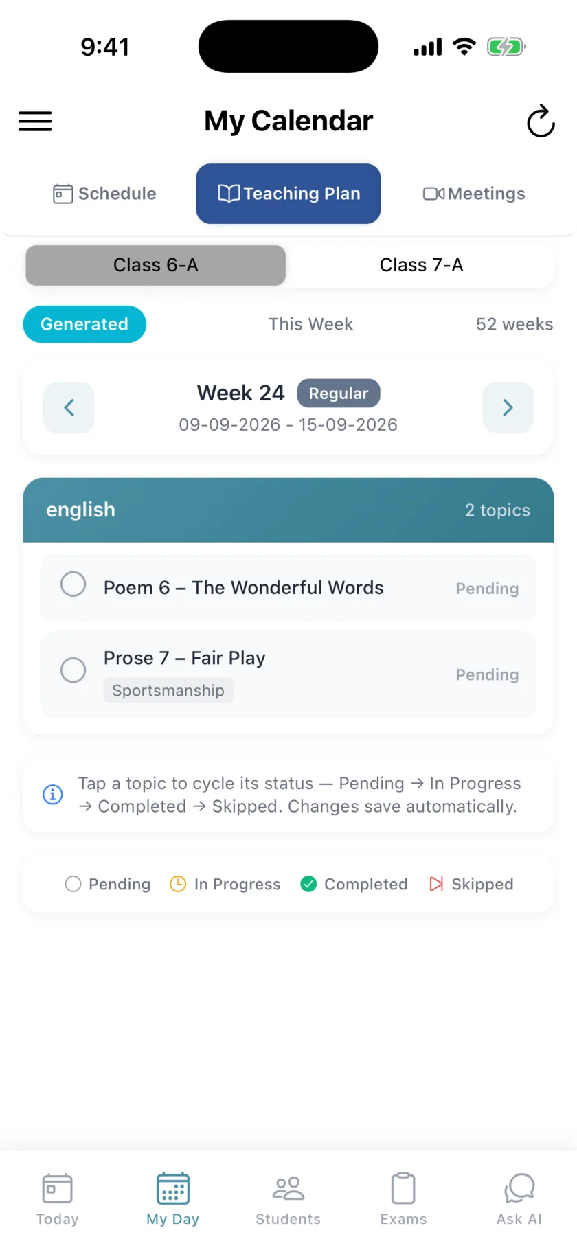 Weekly teaching plan with topics and status