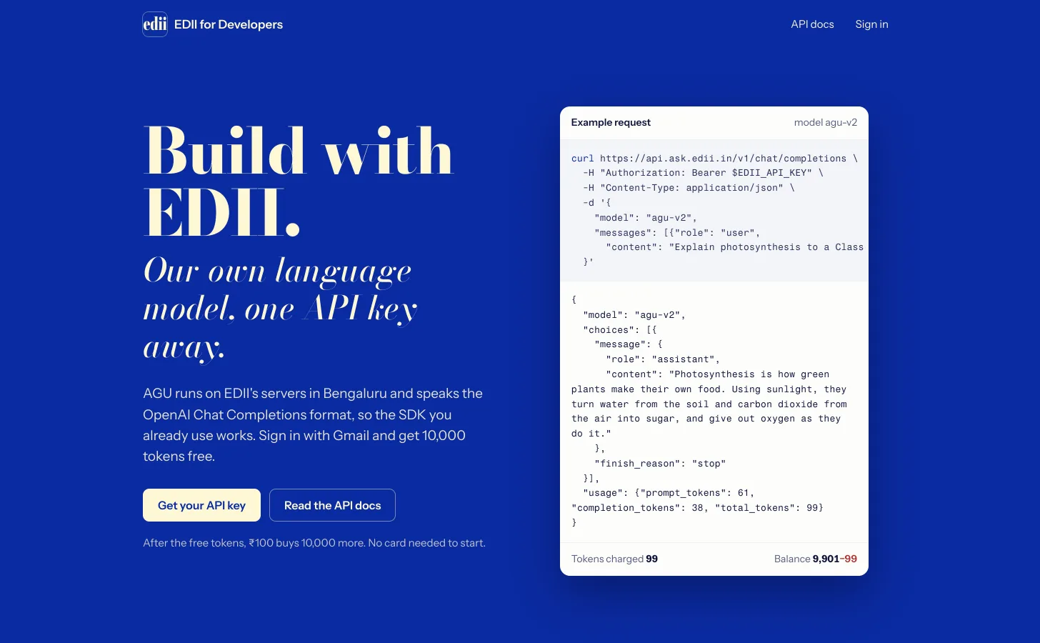 developer.edii.in: the EDII for Developers page, with Get your API key and Read the API docs buttons beside an example request to the model agu-v2 and its reply