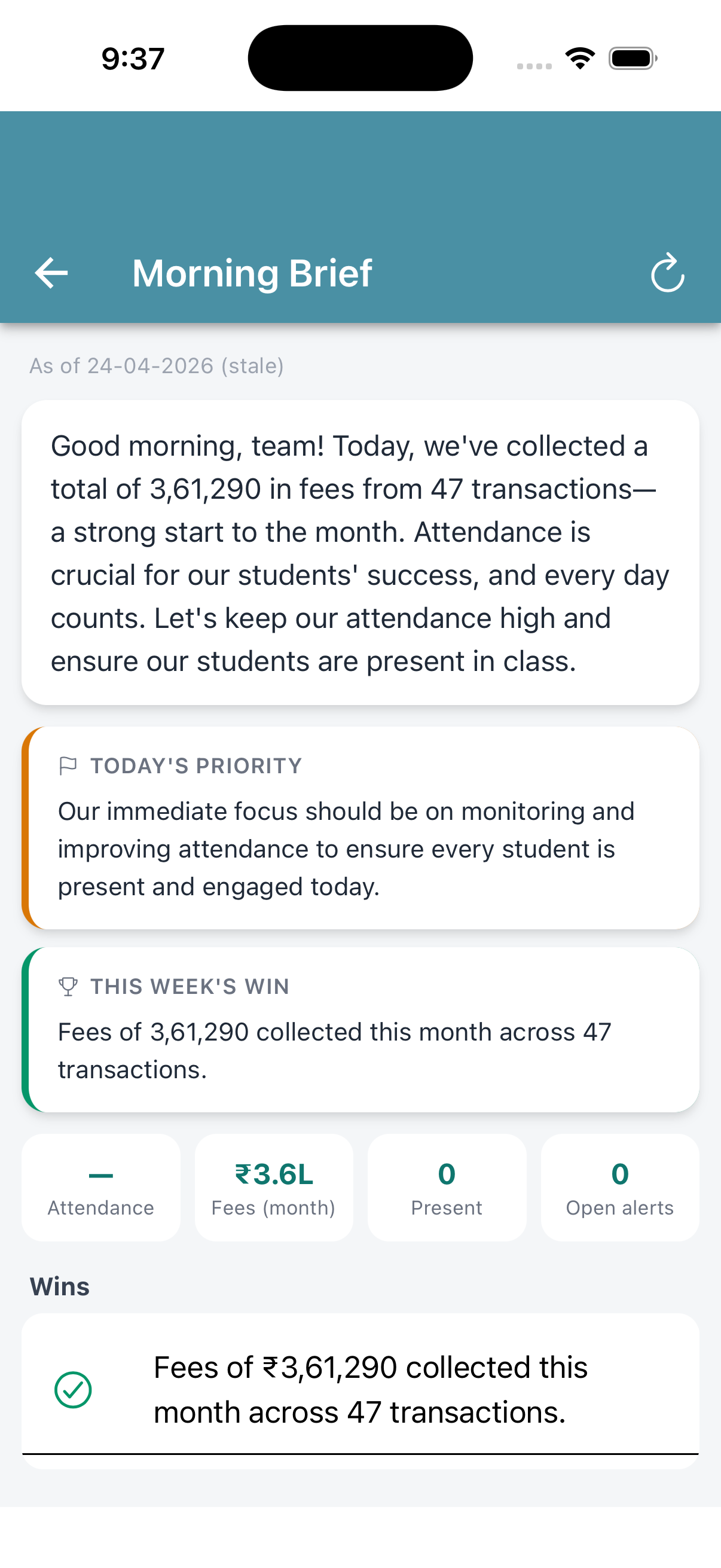 Morning Brief screen with an AI-written daily summary, today's priority and this week's win