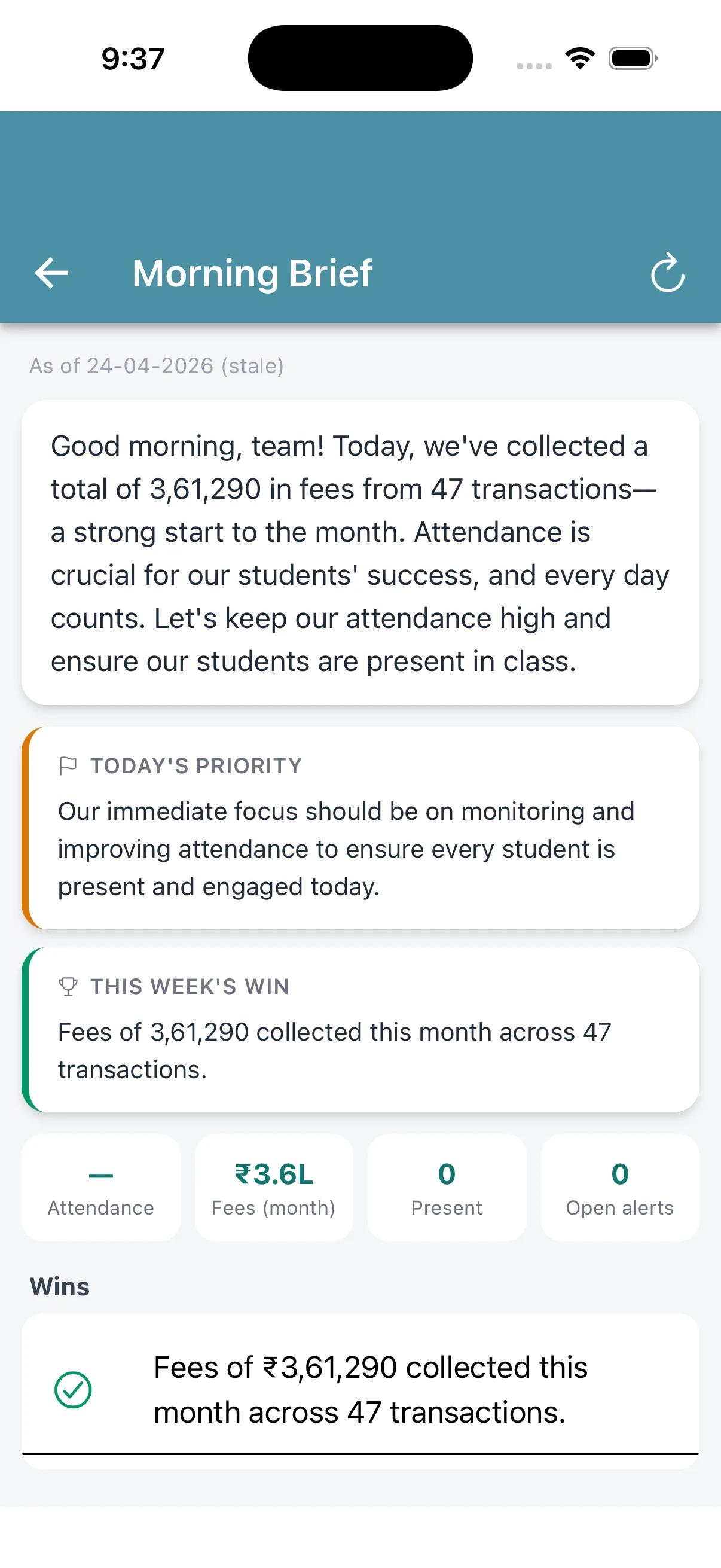 EDII Admin app — the principal's morning brief