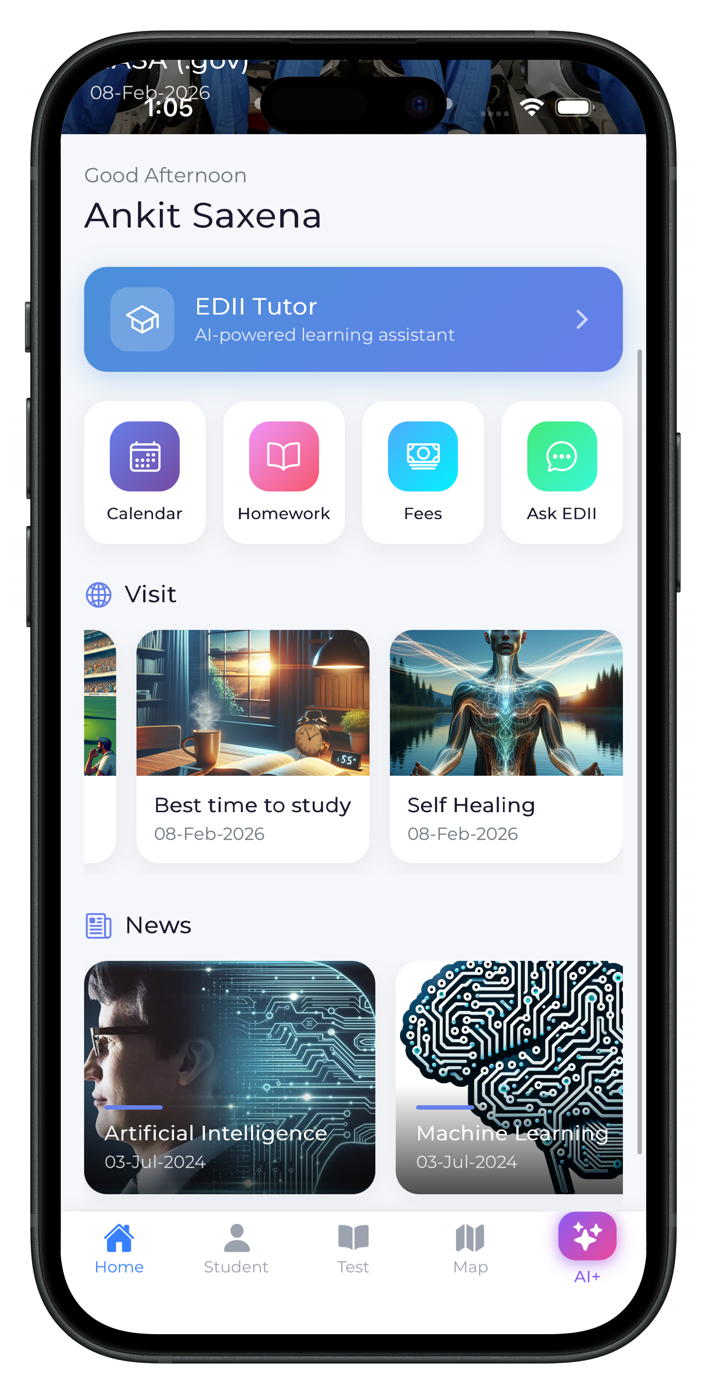 EDII Student App - Home Screen with AI Tutor