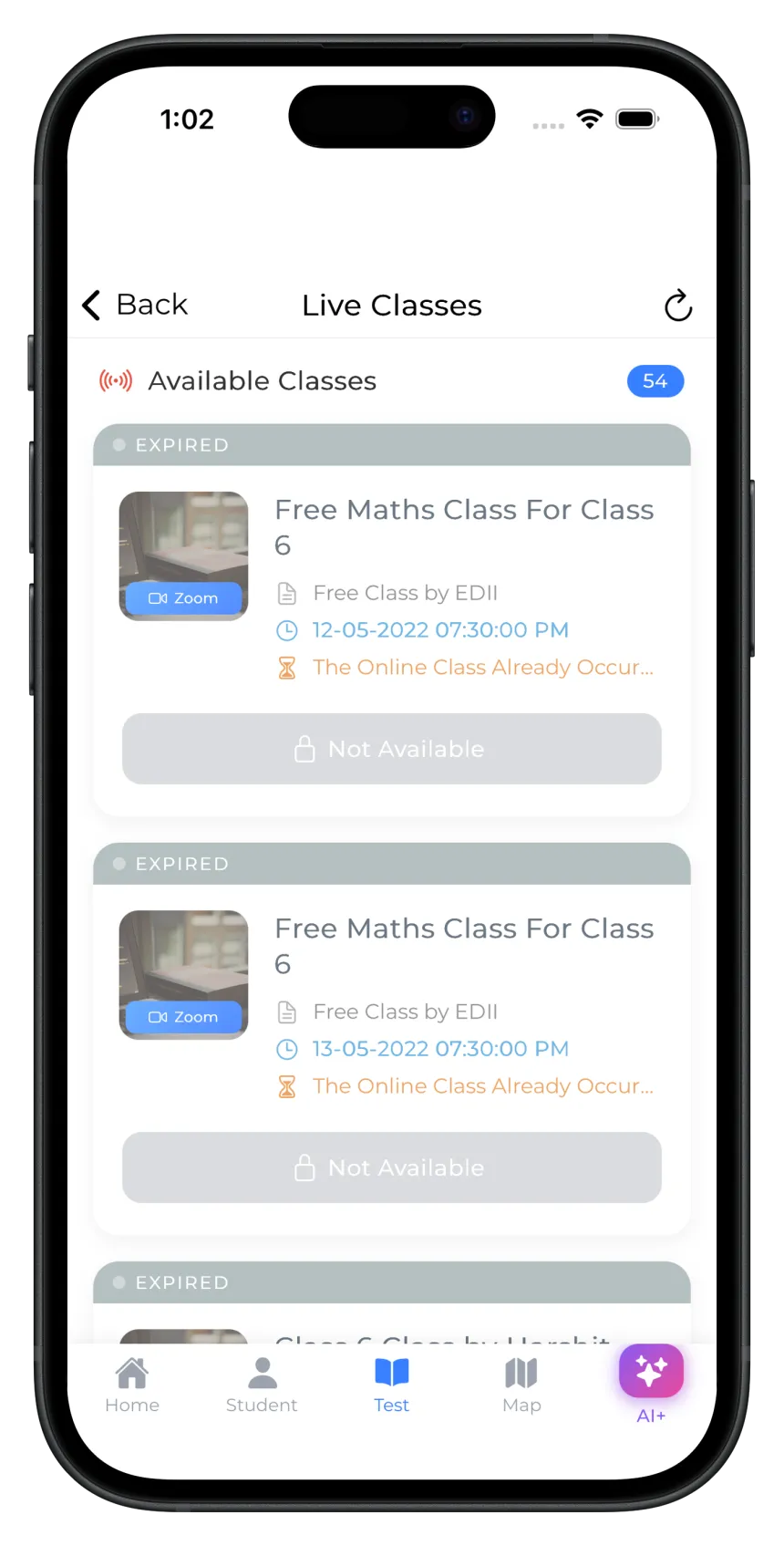 EDII app showing a live online class in progress